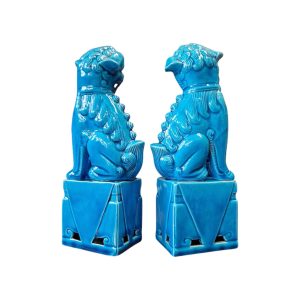 Cães de Fó em Cerâmica Vidrada Azul – Esculturas Decorativas